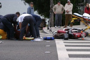 An accident in Olympia involving a pedestrian and motorcycle rider.
